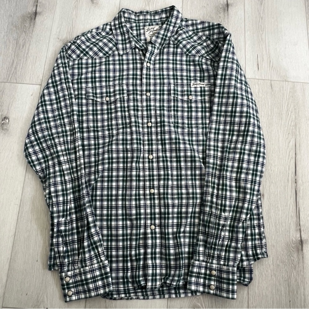 Lucky Brand Men's Navy and Green Plaid Shirt